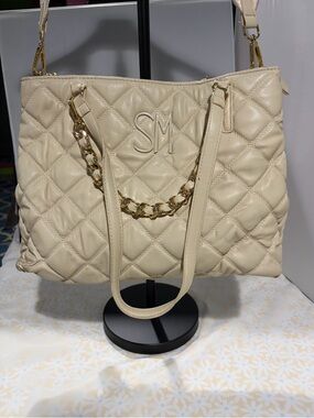 Steve Madden Quilted Cream Tote with Gold Chain